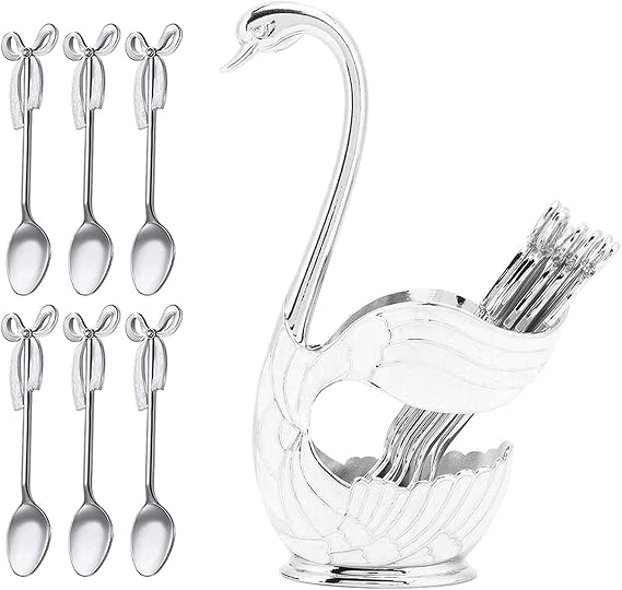 Metal Spoon Set Includes Swan Base Holder And 6 Spoons, Coffee Dessert Flatware Dinnerware Set With Organizer (Silver)