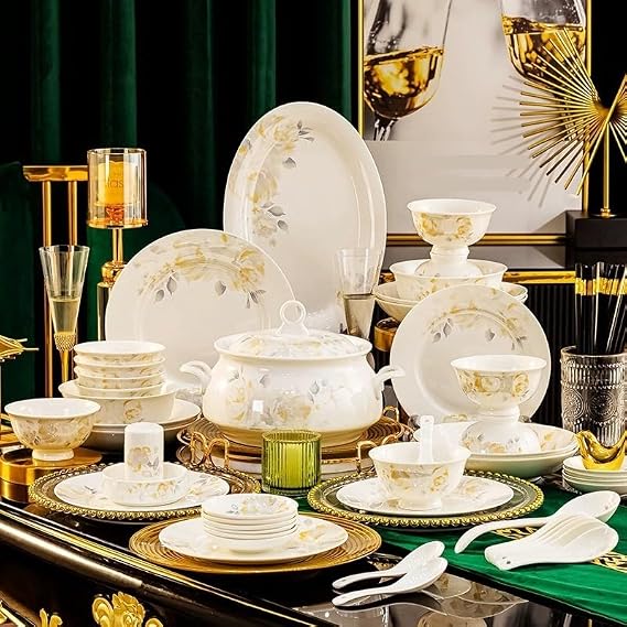 58PCS Dinnerware Sets Free Combination Chinese Style Home Use Bone Bowls Plates Dish Luxury Tableware Sets with Chopsticks for Dining