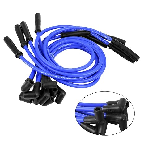 9 Pack 10.5mm Spark Plug Wire Set Electronic Ignition Cables Replacement for SBC BBC HEI 350 383 454 90 to Straight (Blue)