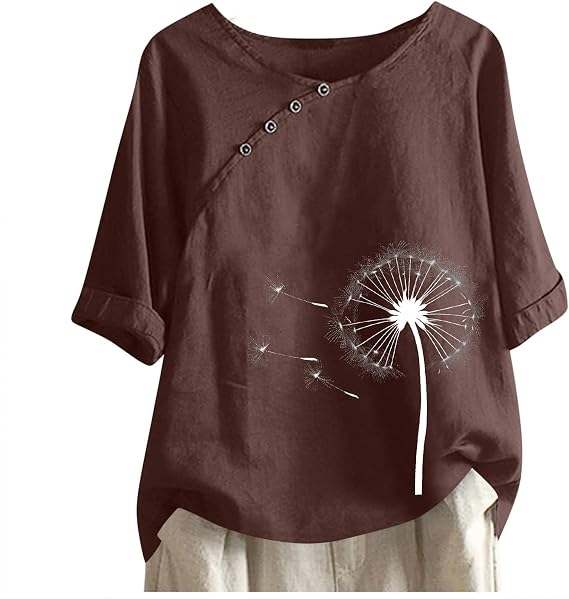 Linen Tops for Women 2024 Dandelion Graphic Cotton Tops Casual Summer Boho Gauze Blouse 2024 Trendy Clothing