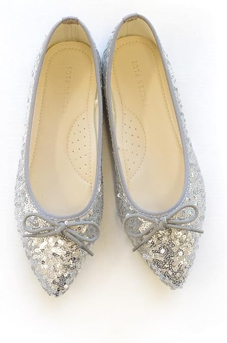 Amiami FX2015 Ballet Shoes, Pointed Toe, Women's, Flat, Pumps, Easy to Walk, Black, Silver, Ballet Core, Flat, Silver(Sequins), 23.5~24.0 cm