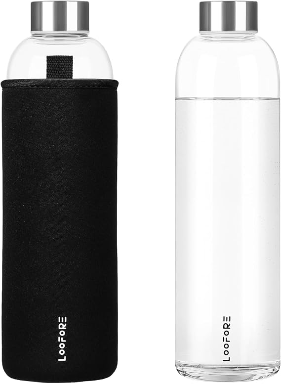 Glass Water Bottle 750ml with Neoprene Sleeve, Black | Reusable, Bpa Free, Eco Friendly, Leakproof, Borosilicate Glass Drinking Bottle for Fitness, Sports & Workout, Daily, 1 Pack