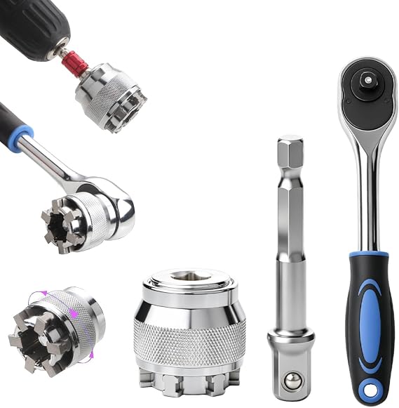 Universal Socket Wrench Tool: Adjustable Multi Function Socket Adapter with 3/8" Drive - Fits Damaged Nuts & Bolts, Compatible with Power Drill and Ratchet Wrench (with handle)