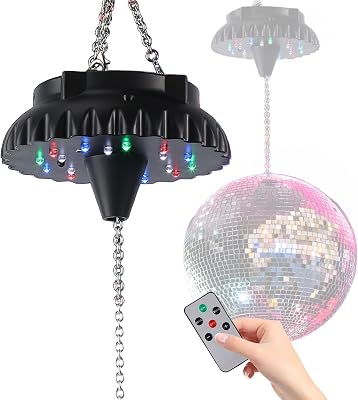Disco Ball Motor Rotating with Light: Rechargeable Disco Ball Spinner with Remote Adjustable Speed - 18 RGBW LED Light for Wedding Party Decor