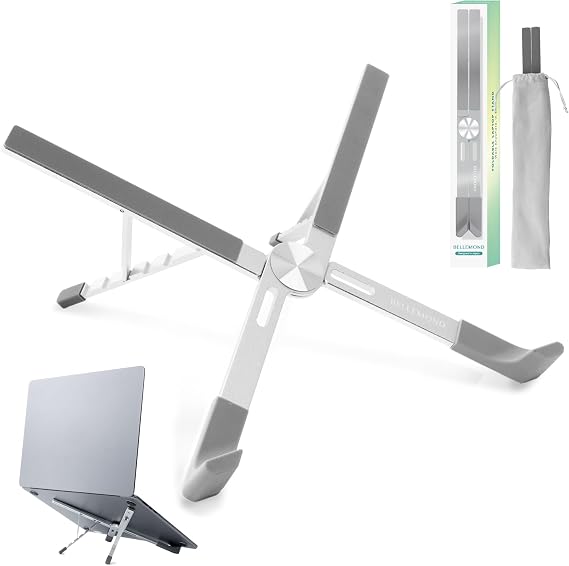 BELLEMOND Adjustable Laptop Stand | Foldable Aluminum Riser | X-Frame Ergonomic Japanese Design | Fits MacBook Pro/Air, Dell, Lenovo & 10–17.3” Laptops | Portable & Lightweight | Space Silver