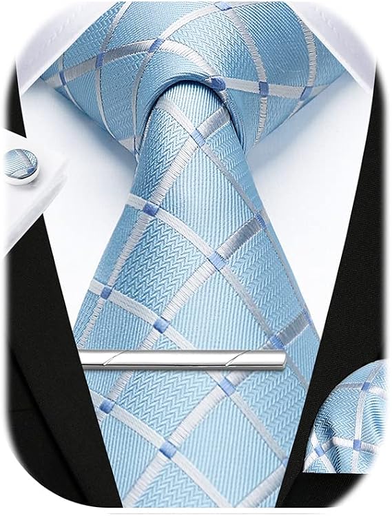 HISDERN Men's Plaid Tie and Pocket Square Set Handkerchief Cufflink Tie Clip Set Formal Wedding Party Gifts Necktie For Men