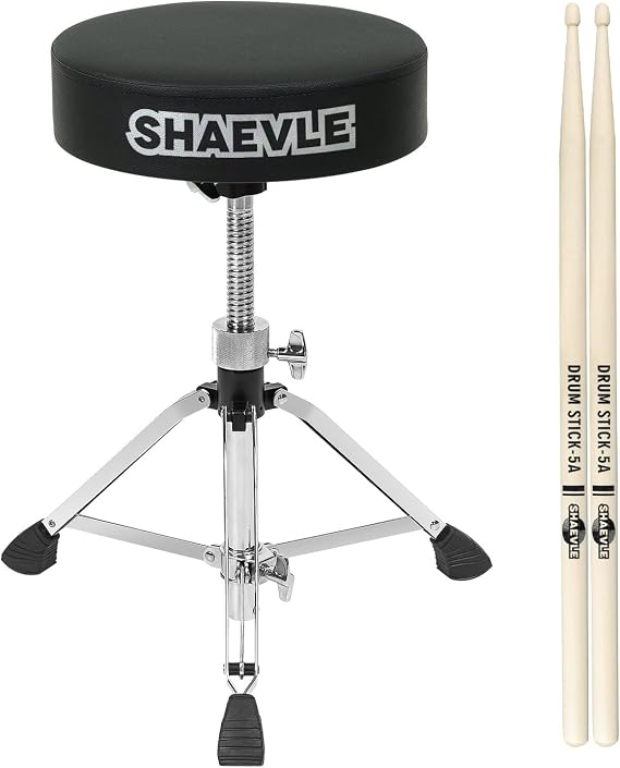 Drum Throne Seat Height Adjustable Drum Stool, Padded Drummer Seat Up to 450lb, Double Braced Anti-Slip Feet Swivel Drum Chair with 5A Drumsticks
