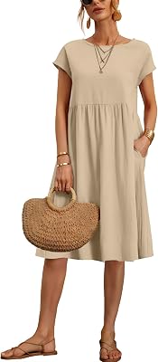 LARMLISS Baggy Crew Neck Dress for Women Summer Casual Comfy Cotton Short Sleeve Tunic Beach Midi Dresses with Pockets