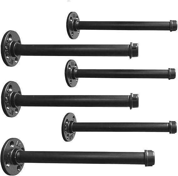 Industrial Black Iron Pipe Shelf Brackets 10 Inch Clothing Rack Set of 6,Heavy Duty Industrial Pipe Decor Floating Shelf Brackets,Garment Rack, Coated Finish.Hardware Included