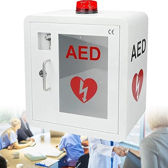 AED Cabinet, First Aid AED Defibrillator Wall Cabinet with Key and Alarm, Rounded Corner Design, for Home, Hospital