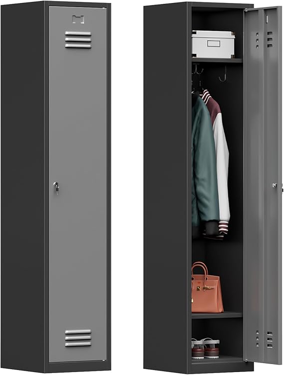 Metal Lockers for Employees,71" Metal Storage Cabinet with Lock,1 Door Steel Storage Locker Cabinet for Home,Gym,School,Office,Garage-Assembly Required(Black Gray)