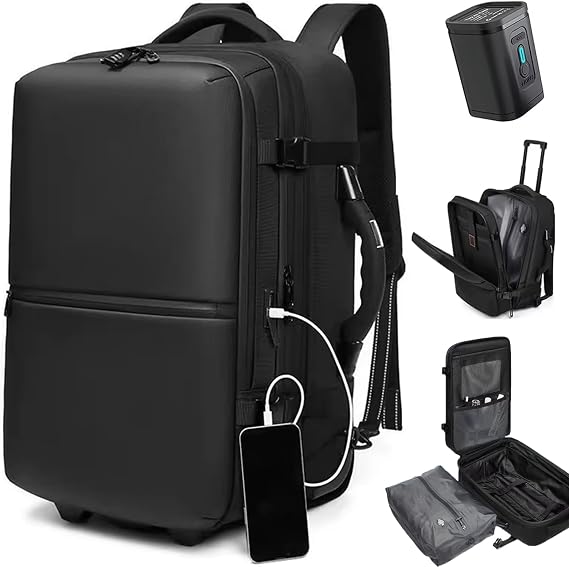 60L Vacuum Compression Backpack with Wheels Expandable Men Waterproof Carry On Luggage Travel Backpacks 17 inch Laptop Backpack Flight Approved(With Pump)