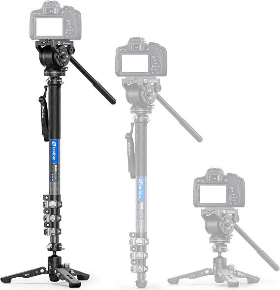 LEOFOTO Carbon Fiber Monopod with Removable Feet and Fluid Head, 63" Professional Telescopic Video Monopod for DSLR Video Camera, Folded Height 27"