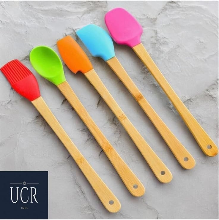 Bambu Saplı Silikon Spatula Seti, 5'li, 21 cm, Çok Renkli