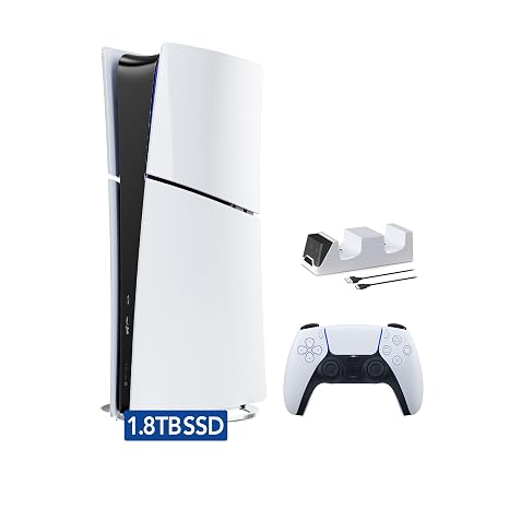 PlayStation 5 Slim Upgraded 1.8TB Digital Edition Console, Controller and Mytrix Controller Charger - White, Slim PS5 1.8TB PCIe SSD Gaming Console