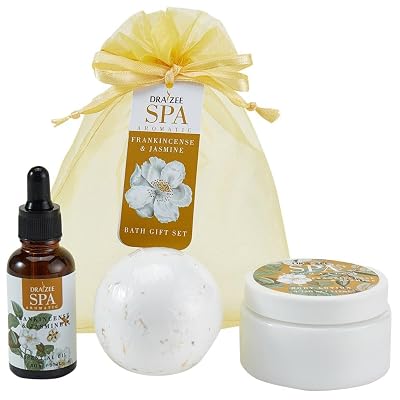 Draizee Luxury Spa Gifts for Women - Refreshing Frankincense & Jasmine Fragrance Bath and Body Set of 3-Piece with Body Lotion, Essential Oil, Bath Bomb -Ideal Gift for Her, Mom, wife, Grandma