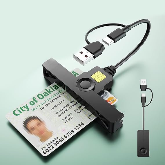 USB-A + USB-C Electronic CAC Card Reader USB Smart Card Reader Mini Foldable Chip Memory Card Reader Military DOD Common Access Smart Card Reader Compatible with Mac OS Windows and Linux - Black
