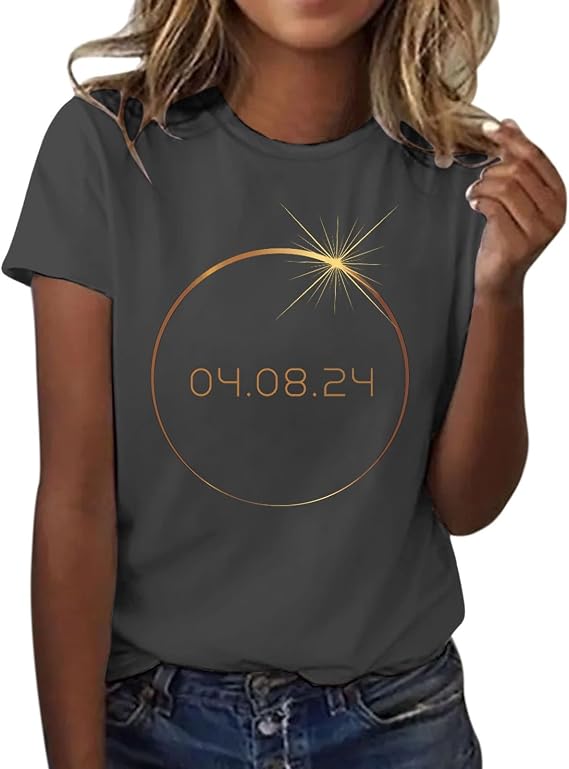 Women's Large Size Summer Loose Tee Shirt Short Sleeve Round Neck Sun Print Women's Clothing Chic Summer Tee Beach Large Size Top, dark grey, M