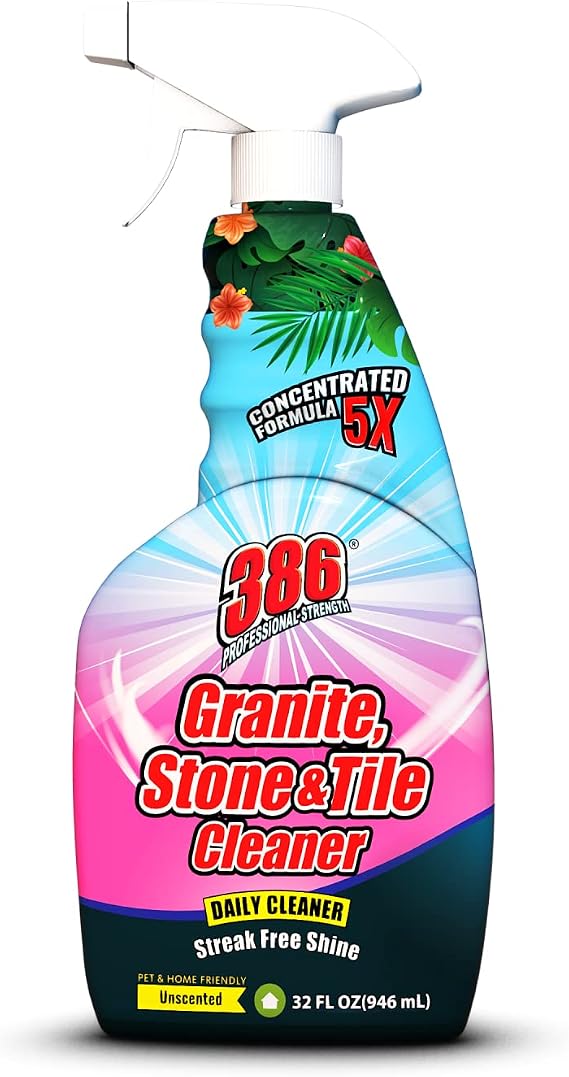 386 Professional Strength Granite Cleaner Granite Stone and Tile Cleaner for Bathroom, Kitchen Countertop, Flooring Marble Cleaner for Granite, Stone, Travertine, Quartz No Residue 32 fl oz Spray