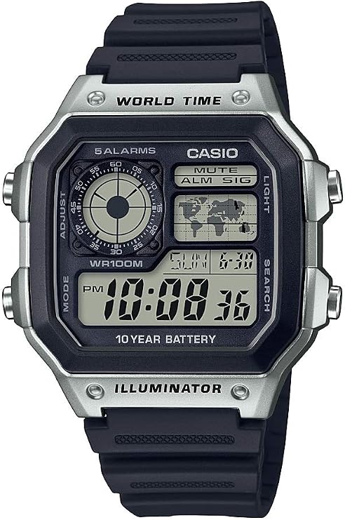 Casio AE1200WH Series | Mens Digital Watch | 100M WR | Multi Alarms | 100 SEC Stopwatch | Countdown Timer | World Map for World Time | LED Light | LC Analog Display | 10 Year Battery