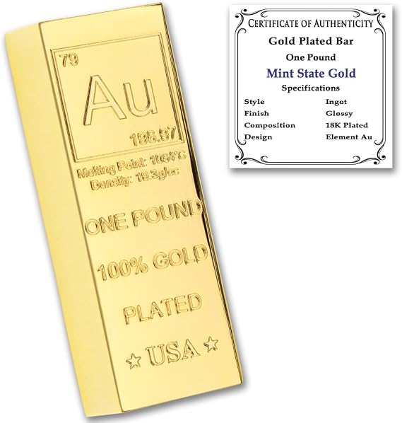 1 lb Gold Plated Bar (Trapezoid Ingot) 18K Paperweight | Element Design with Certificate of Authenticity