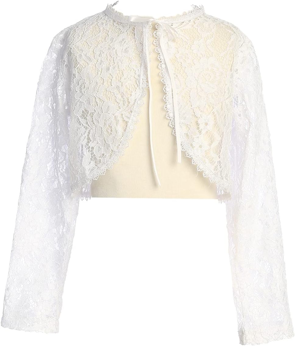 Made in USA - White Lace First Communion Bolero for Girls - Little Cardigan Short Shrug Sweater Jacket for Flower Girl