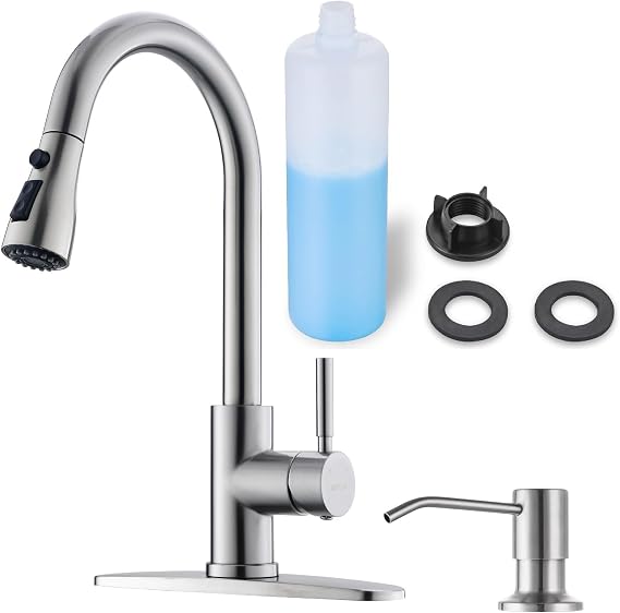 WEWE Single Handle High Arc Brushed Nickel Pull Out Kitchen Faucet and Soap Dispenser Kit, Single Level Stainless Steel Kitchen Sink Faucets with Pull Down Sprayer,Suitable for Laundry Rv Bar