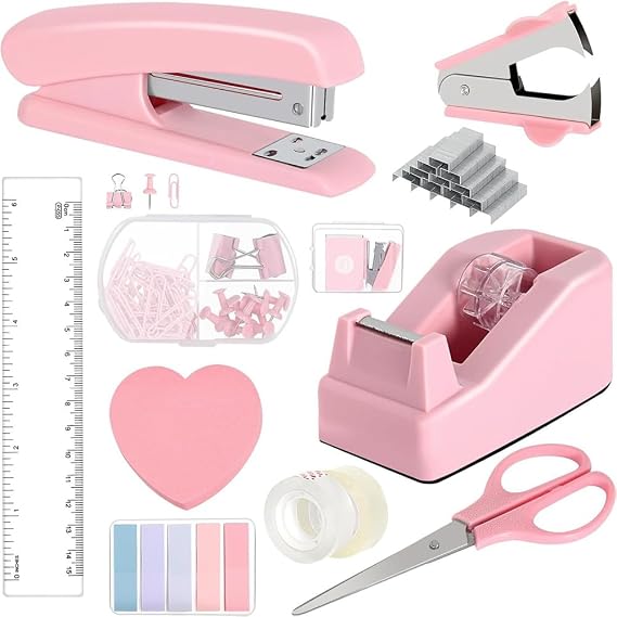 Pink Office Supplies Set Desk Accessories Kit | Office Supplies Kit Include Stapler,1000pcs Staples,Stapler Remover,Clips,Tape,Tape Holder,Scissor,Ruler and Tabs