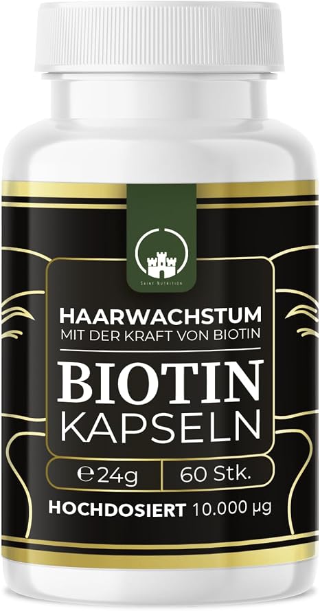 Saint Nutrition Biotin 10000 μg High Dose - 60 Vegan Capsules for Hair Growth Skin Nails &amp; Hair - Pure Biotin Without Additives - Hair Care - Made in Germany - Hair Vitamins Dietary Supplement