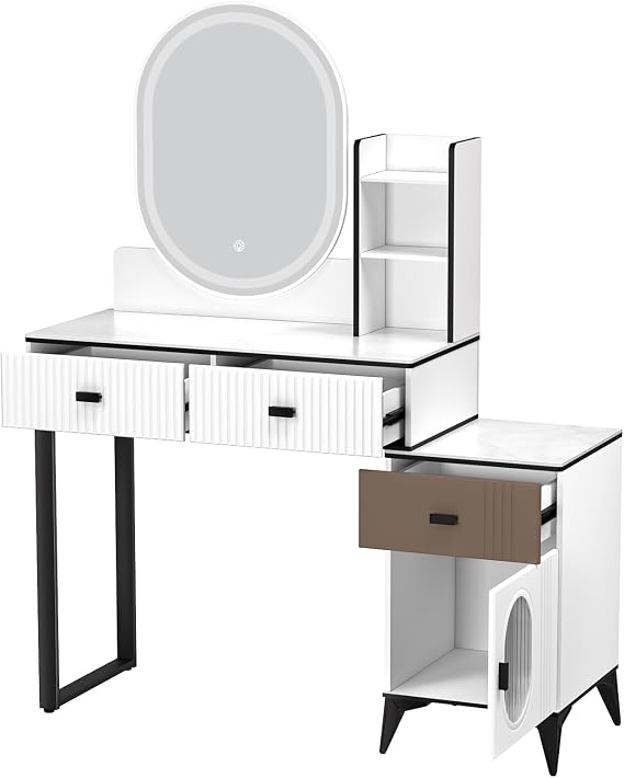 Makeup Desk with Mirror and Lights Large Vanity Desk with Storage Shelves Vanity with Lighted Mirror 3 Drawers, Modern Vanity Table with Light, Bedroom Dressing Table White US Plug