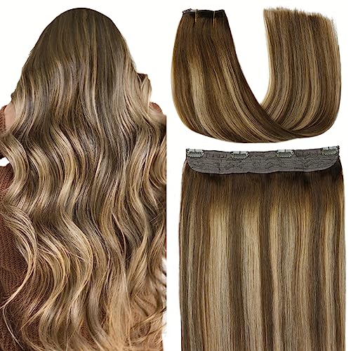 VINBAO Wire Hair Extensions Human Hair Balayage Chocolate Brown to Caramel Blonde 18in Hairpiece Wire Hair Extensions Straight Invisible Hair Extension 85g #4274 18in