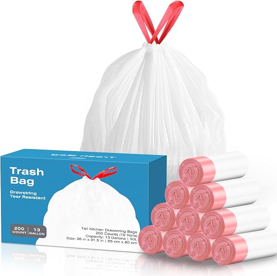 KdbK 13.2 Gallon Tall Kitchen Drawstring Trash Bags, 200 Count Pre-separated Garbage Bags, Unscented, Leak Proof, Waste Bag for Kitchen, Office, Home