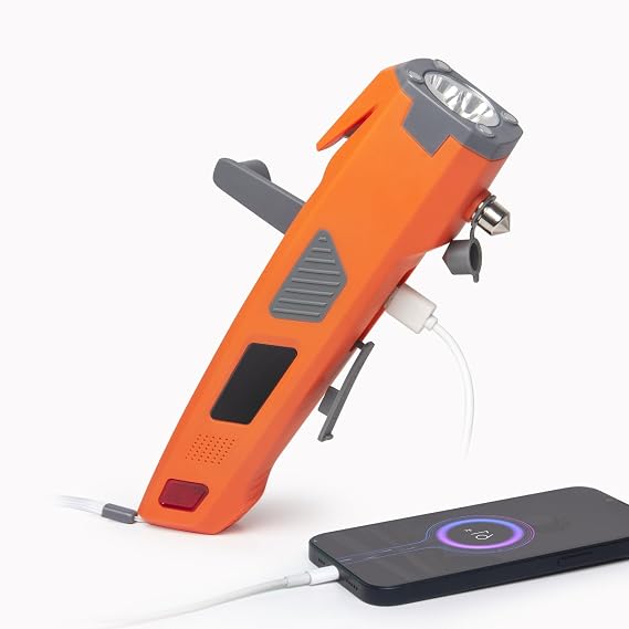 LUXON Car Emergency Escape Tool with 8-in-1,Hammer Safety Rescue (Orange) | Window Breaker,SeatBelt Cutter,LED Flashlight,SOS Strobe,USB & Hand Cranking Charger,for Vehicle Escape/Field Survival,Hiking