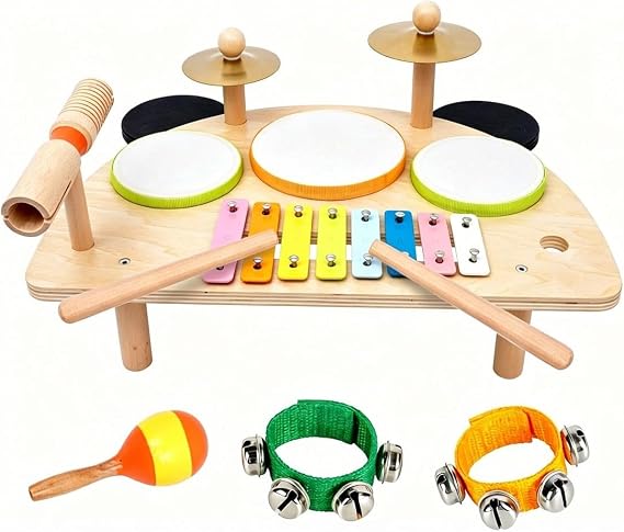 Kids Drum Set, Montessori Musical Instruments for Toddlers 1-6, Wooden Toys Montessori Music Table, Xylophone Drum Kit, Birthday for Boys Girls