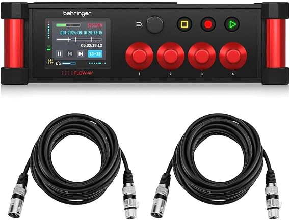 Behringer FLOW 4V Digital Audio Mixer and Field Recorder with Wireless Remote Control, Bundle 2x 15' XLR Microphone Cable