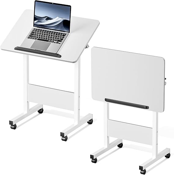 Warmiehomy Height Adjustable Table with Wheels, 60x40x65-87cm, White | Rolling Laptop Table with 90° Tilting Desktop. Mobile Overbed Table for Bed and Sofa. Foldable Desk for Home Office.