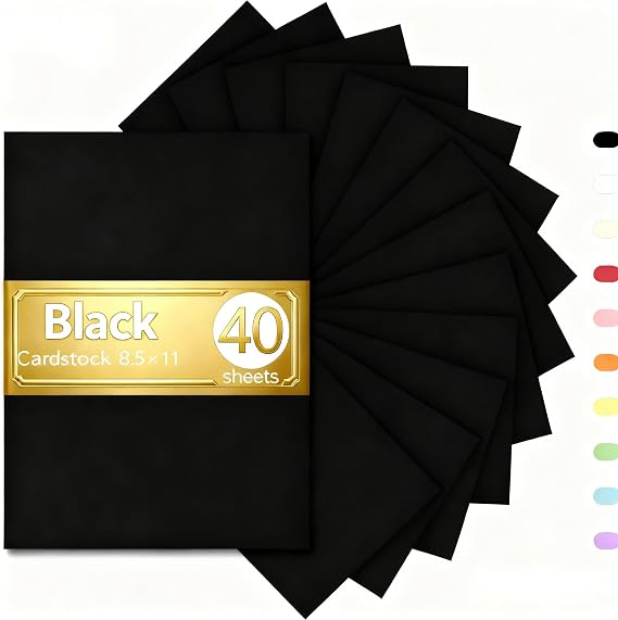 Black Cardstock 8.5 x 11 Thick Paper, 40 Sheets, ThickPaper 75 LB/200 GSM, Cardstock Printer Paper 8.5 x 11, Black Card Stock for Invitations, Menus, Wedding