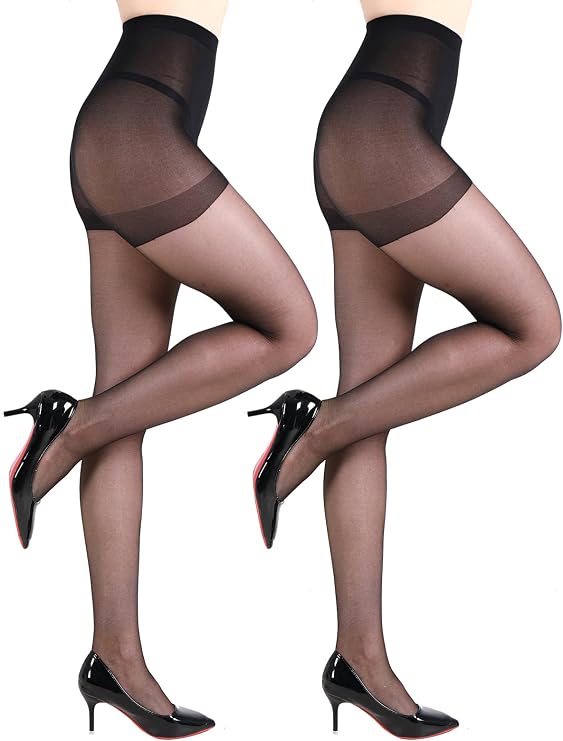 2 Pairs Women's Sheer Tights- 20D High Waist Control Top Pantyhose with Reinforced Toes