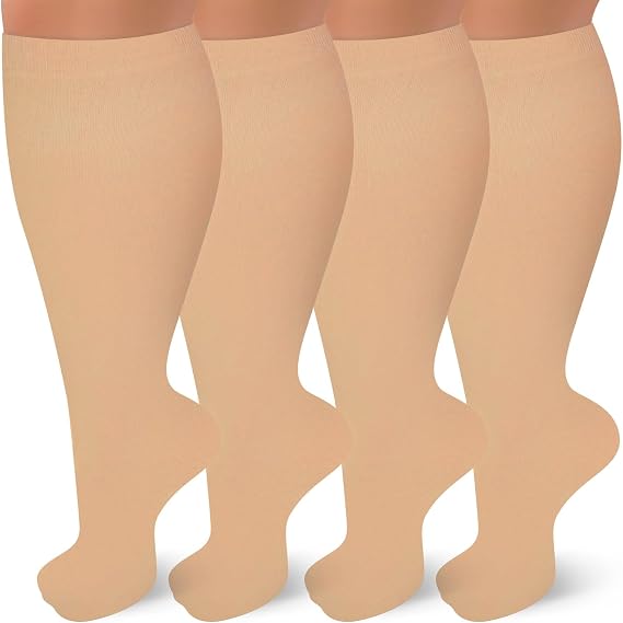 4 Pairs Plus Size Compression Socks for Women and Men 20-30 mmHg Wide Calf Extra Large for Circulation Support
