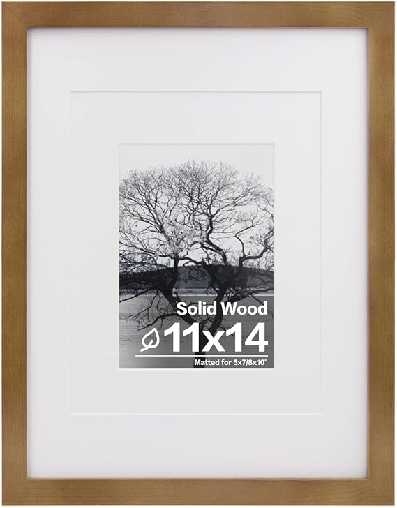 Egofine 11x14 Picture Frame Made of Solid Wood with Plexiglass, Display Pictures 5x7/8x10 with Mat or 11x14 Without Mat, for Table Top and Wall Mounting Photo Frame, Light Brown
