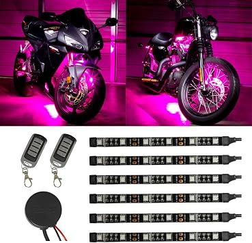 LEDGlow 6pc Advanced Pink LED Motorcycle Accent Neon Underglow Lighting Kit - 4 Patterns - 4 Brightness Levels - 6" Flexible Light Strips - Includes Waterproof Control Box & 2 Wireless Remotes