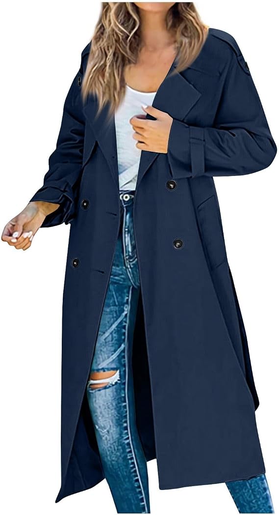 Women's Trench Coat Double Breasted Long Trench Coats 2025 Fall Windproof Classic Lapel Overcoat with Belt