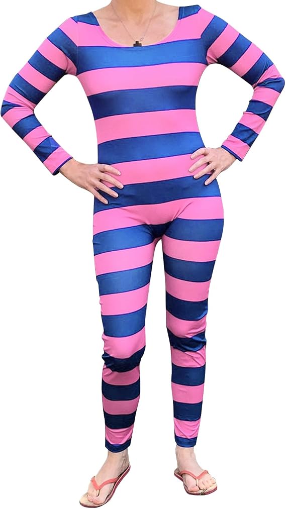 Halloween Cheshire Cat Costume for Women Long Sleeve Striped Full Length Jumpsuit Cosplay Party Outfits