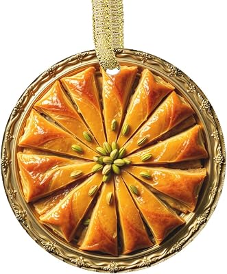 Double Sided Christmas Ornament of Baklava with Pistachios Nuts, Honey Glaze, Pastry Dessert Cuisine, Food -Themed Ceramic Foodie Novelty Holiday Xmas Ornaments Flat Design, NOT 3D