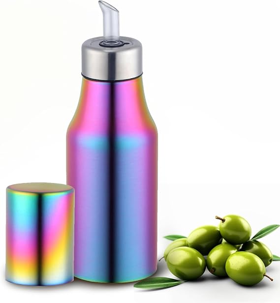 DOCBLACK Rainbow Olive Oil Dispenser 17oz Oil Bottle Stainless Steel Leak Proof Olive Oil Dispenser Bottle for Kitchen with No-Drip (500ML)