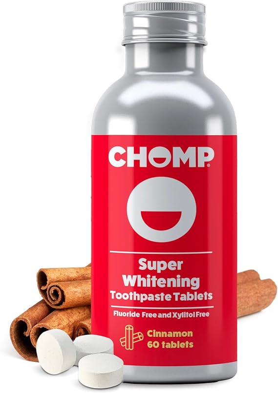 Chomp Whitening Toothpaste Tablets Fluoride Free Cinnamon Toothpaste Tablets for Fresh Breath & Daily Oral Care, Travel-Friendly Bottle, 60 Count