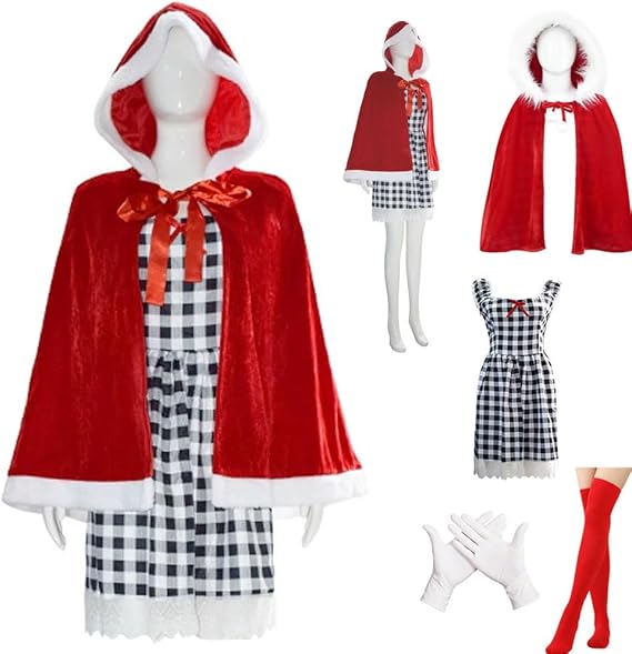 Women Costume Dress Red Velvet Hooded Cape(Costume,S)