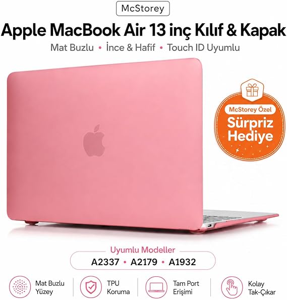 McStorey MacBook Air M1 Kılıf A2337 Uyumlu 13 İnç Mat Sert Kılıf A2179 A1932 Parmak İzi Bırakmayan Koruyucu Hard Case Kapak Pembe