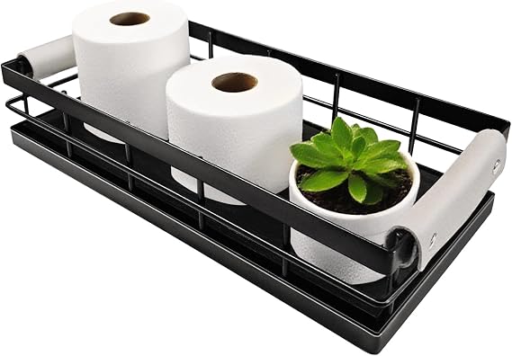 Toilet Paper Storage Basket, 13 Inch Wood and Iron Toilet Tank Basket with Grip for Bathroom Tank Topper, Fragrance Cosmetics toiletries Bath Bottles Counter Decoration Tray (Black)