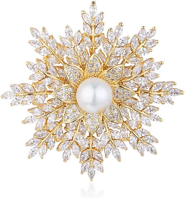 14K Gold Handmade Snowflake Brooch, Adorned with Natural Pearls and Moissanite, Sophisticated Women's Jewelry, Perfect Birthday and Special Occasion Gift
